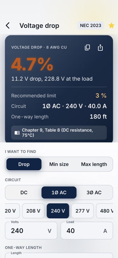 Voltage drop: %, minimum size or max run